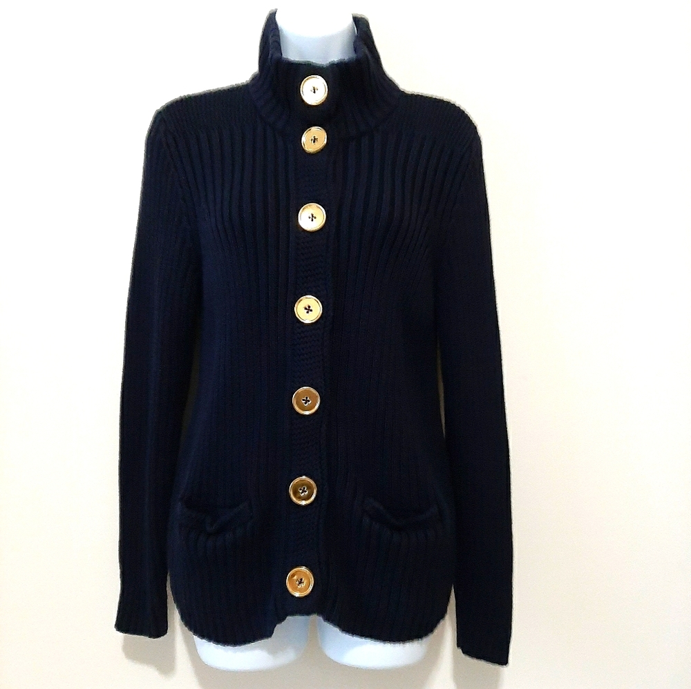 Talbots Navy Pima Cotton Ribbed Cardigan Size L